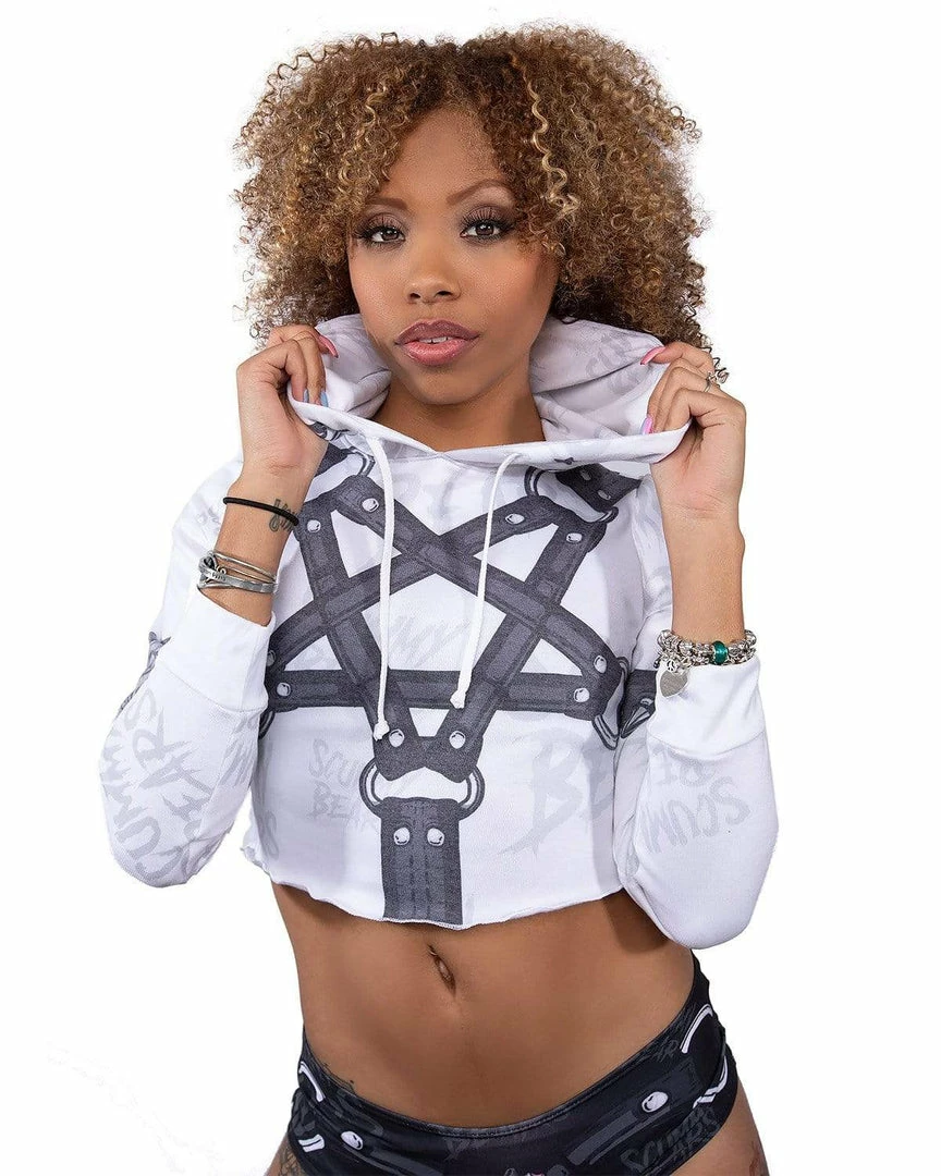 Scummy Bears RESTRAINED (GOTH AF) - CROP HOODIE (WHITE)