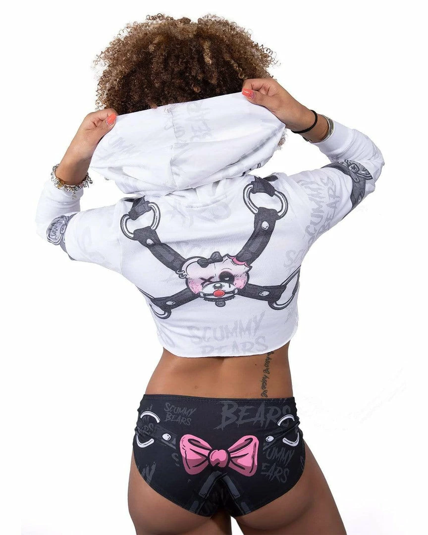 Scummy Bears RESTRAINED (GOTH AF) - CROP HOODIE (WHITE)